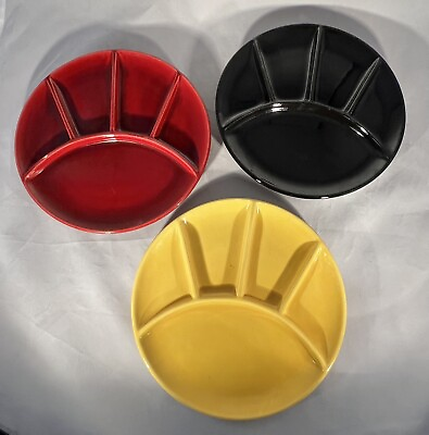 Divided Pottery Plates Fondue Tapas Sushi 9.25” Yellow Red Black Vintage $13.30
