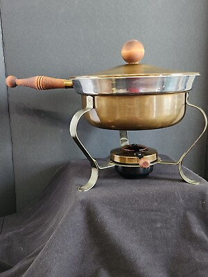 #ad 3 Pc Mid Century Brass Stainless Chafing Warming Dish Fondue Pot Wood Handles $19.00