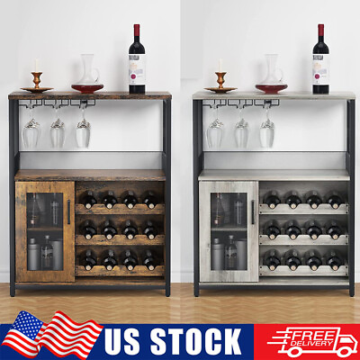 Kitchen Bar Buffet Cabinet Open Storage Shelves Wine Rack for Liquor and Glasses $109.98