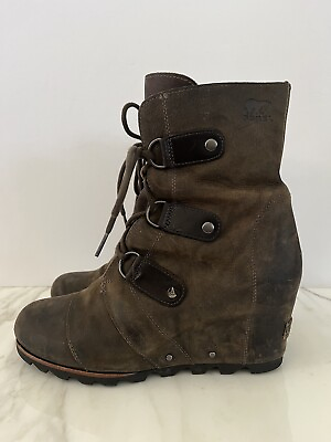 #ad Joan Of Artic Sorel 10 Brown Leather Booties Lace Up Wedge $39.99
