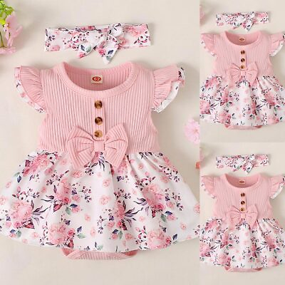Newborn Baby Girl Floral Ruffle Ribbed Jumpsuit Romper Headband Outfit Dress Set $13.99
