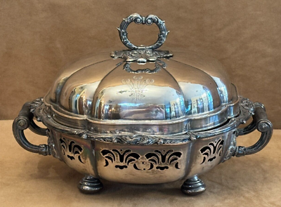 #ad Chafing Dish Vintage Silver plate ? warmer built in handled Marked leaf crown $344.00