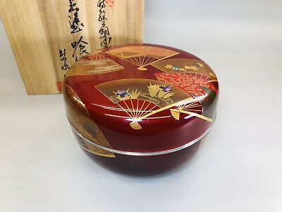 #ad Y5787 BOX Wajima lacquer fan Makie Jikiro signed Japan antique food container $429.00