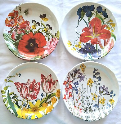 #ad Pottery Barn FLORA 4 Melamine Salad Plate Set NEW Floral Theme $24.95