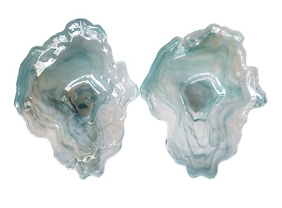 Akcam Iridescent Pearlescent Aqua Blue Art Glass 2 Oyster Shell Dish bowl. $28.99