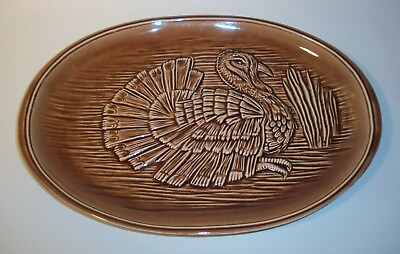McCoy Pottery Turkey Platter 9370 Brown Embossed Thanksgiving 16 1 2quot; x 11 1 2quot; $47.20