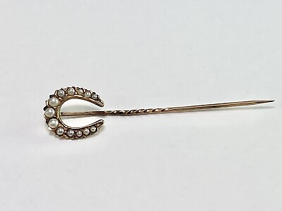 Victorian 10k Yellow Gold White Round Cultured Seed Pearl Horse Shoe Stick Pin $149.00