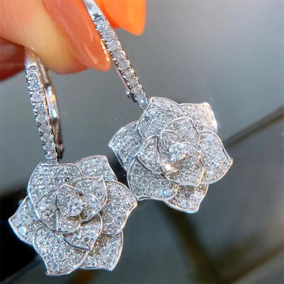 Women Flower 925 Silver Filled Drop Earring Cubic Zircon Wedding Jewelry Gift C $4.09