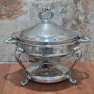 #ad Vintage Silver Plate Warmer Round Chafer Domed Lid Ornamental Rack Handled Ancho $89.95