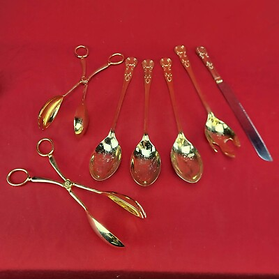 #ad Lot of Gold Tone Serving Utensils and Salad Tongs Made in China $32.00