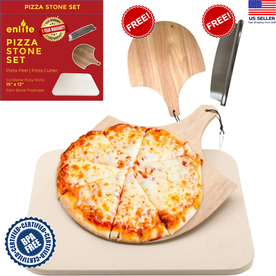 Pizza Stone Baking Stone For Oven Grill amp; BBQ FREE Wooden Pizza Peel amp; Cutter $39.99