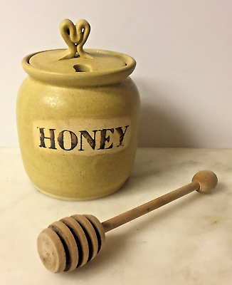 #ad Honey Pot Stirrer Pottery Rustic Country Studio Artisan Earth Tone Heart Lid Jar $15.90