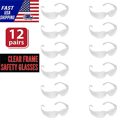 12 PAIR Pack CLEAR Safety Glasses Protective Lens Sunglasses Work Z87 Lot of 12 $12.89
