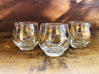 3 Vintage MCM Roly Poly Bar Glass Tumblers Gold Diamond Floral Pattern Stackable $21.00