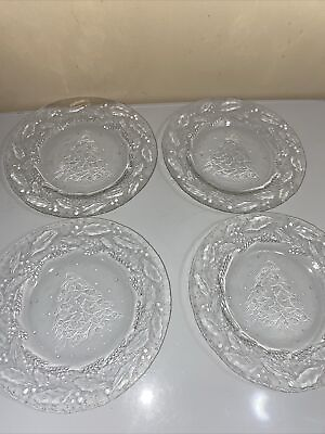 #ad Set of 4 Arcoroc Holly Tree Embossed Glass Christmas Salad or Dessert Plates 7.5 $12.99
