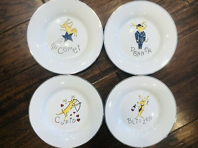 #ad Pottery Barn Reindeer Lunch Dessert Salad Plates Set of 4 New 8 1 2quot; $98.95