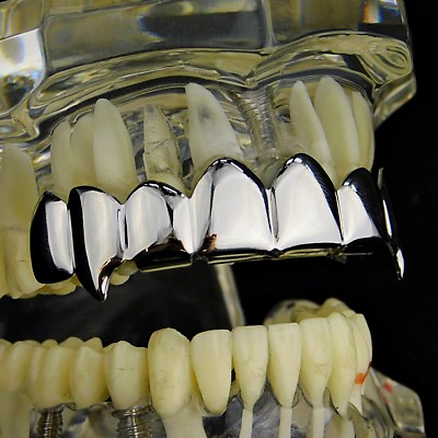 Fang Grillz Eight Top 8 PC Teeth Silver Tone Fangs Hip Hop Vampire Mouth Grills $15.95