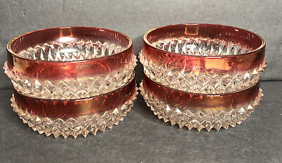 #ad #ad Vintage Indiana Glass Diamond Point RUBY Salad Bowls 5quot; Red Band Flash Set of 4 $16.87