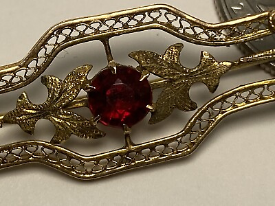 #ad Vintage Antique 10k Solid Yellow Gold Filigree Victorian Red Ruby Bar Brooch $129.00