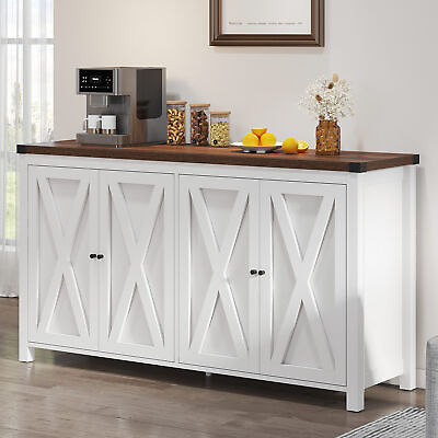55#x27;#x27; Farmhouse Sideboard Buffet Storage Cabinet with Adjustable Shelves 4 Doors $175.99