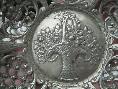 Antique Swedish Hallmark 835 Pierced Silver Dish With Ornate Floral Basket GBP 78.00
