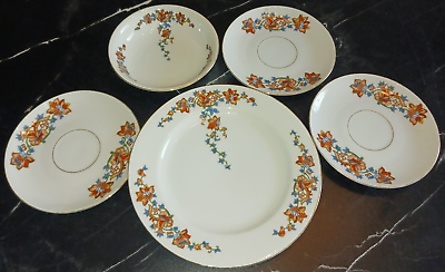 #ad 5PC Royal Bayreuth ROB240 Lot Salad Plate Saucers Fruit Bowl Flowers Gold 1902 $14.95