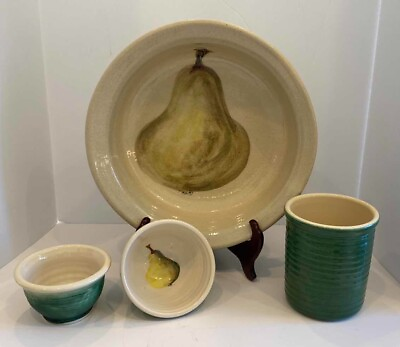 #ad #ad STUDIO SIGNED 3 PIECE PEAR POTTERY WITH EMILE HENREY 6quot; UTENSILS HOLDER $114.95