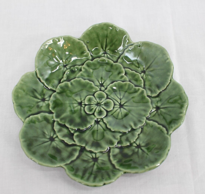 Vintage Green Portugal Majolica Pottery Salad Plate with Geranium Leaves 8quot; $25.00