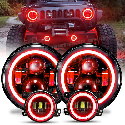 Red Halo 7quot; LED Headlights DRL 4quot; Fog Combo Kit For Jeep Wrangler JK JKU 2007 $116.96