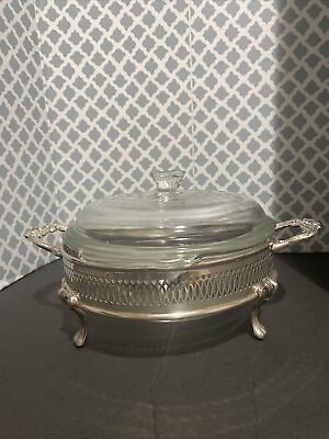 Anchor Hocking Fire King 447 1.5Qt Ovenware Dish amp; Silver Plated Chafing Holder $34.97