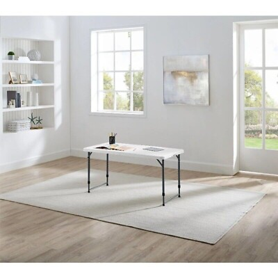 #ad 4 Foot Adjustable Height Folding Plastic Table Built in Carry Handle White $32.38