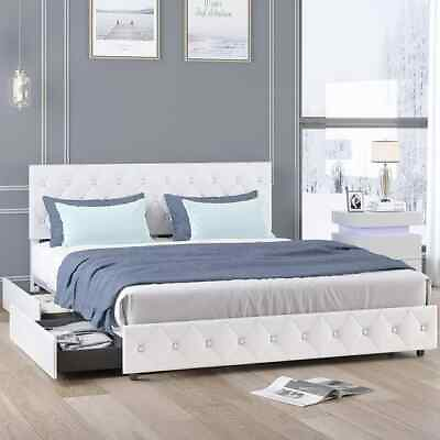 #ad King Size Bed Frame with 4 Storage DrawersPU Leather Upholstered Platform Bed $199.99