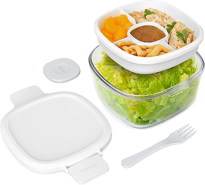 #ad ® Glass All In One Salad Container Large 61 Oz Salad Bowl 4 Compartment Bento $36.24