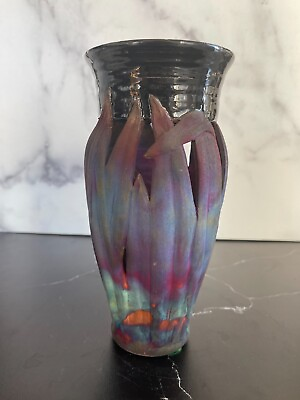 John Kellum Raku Pottery Vase Signed Rainbow Floral Motif Vase 8.5quot; $125.00