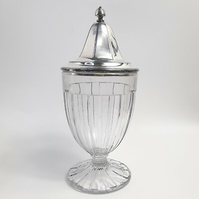 #ad Heisey Glass Recessed Panel Apothecary Jar Silverplate Lid VTG Elegant Pressed $30.00