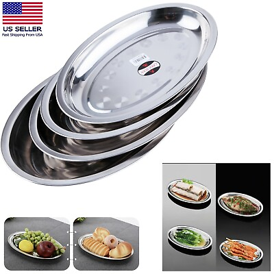 2 X STAINLESS STEEL OVAL PLATTER SERVING TRAY MEAT SALAD BUFFET FISH DISH US NEW $15.99