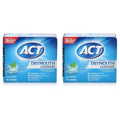 2 pack ACT Dry Mouth Lozenges Soothing Mint w Xylitol 72 total NIB Fast Ship $15.95