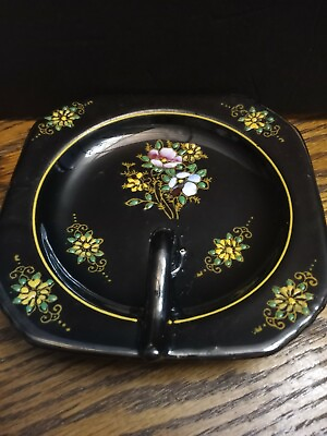 #ad Vintage Dish From Japan Black With Hand Painted Embossed Flowers With Handle $13.95