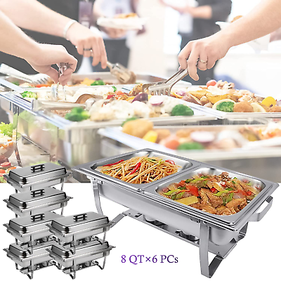 4 6 Pc Catering Stainless Steel Buffet Dish Sets 8 Qt Full Size w 2 Fuel Holders $145.00