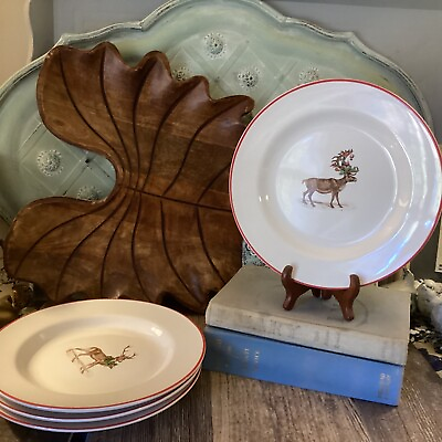 #ad Pottery Barn Silly Stag Salad Plates Set of 4 Assorted Reindeer Moose Christmas $90.30