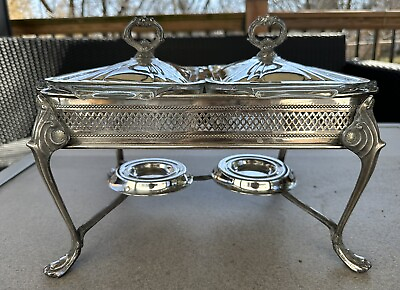 #ad Vintage Sheridan Double Silver Chafing Dish w Two Pyrex Type Inserts w Lids $120.00
