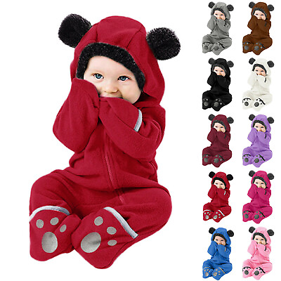 Newborn Baby Boy Girl Kids Fleece Hooded Romper Jumpsuit Bodysuit Clothes Outfit $17.47