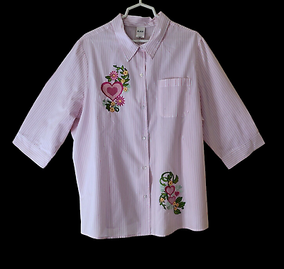 #ad Blair Shirt Top Size 2XL Pink White Stripe with Heart amp;Flowers Embroidery $17.95