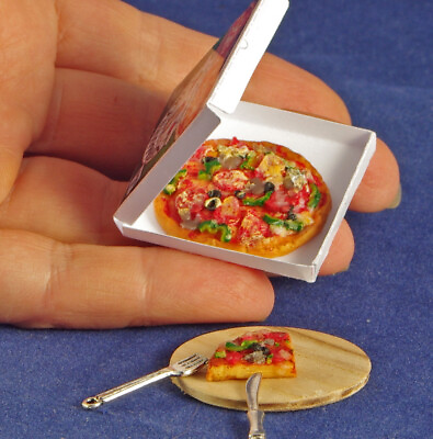 PIZZA PARTY SET packaged pizza with wooden board metal knife and fork Dollhouse $19.00
