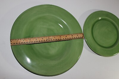 Set of 2 Vintage Heavy Green Pottery Plates 12 inch and 9 inch $31.48
