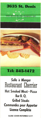 #ad Restaurant Cherrier Hot Smoked Meat Pizza Bar B. Q. Vintage Matchbook Cover $9.99