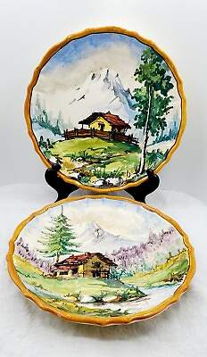 Set of 2 VTG Pottery Plates Signed Numbers Hand Painted Country Scene Alps Italy $15.99