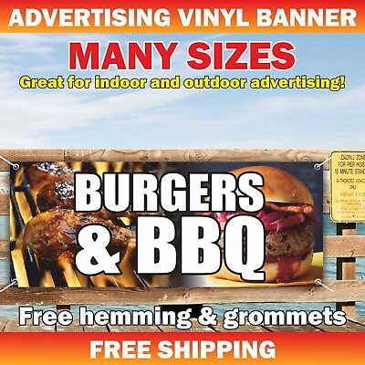 BURGERS BBQ Advertising Banner Vinyl Mesh Sign Fast Food Buffet Bar Meat Chicken $99.94