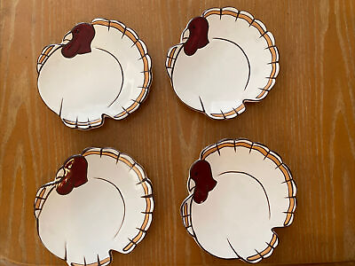 #ad Pottery Barn 4 pc Turkey Gobble Appetizer Dessert Plates Thanksgiving EUC $32.99
