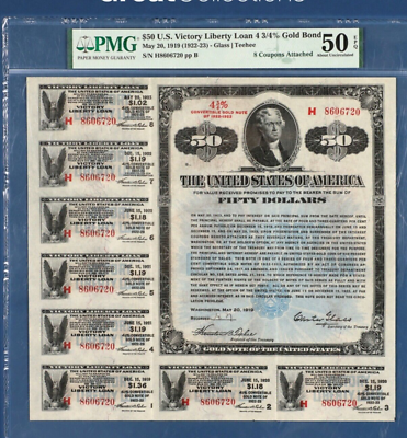 #ad #ad 1919 $50 U.S Victory Liberty Loan 4¼% Gold Bond 1922 23 PMG 50 EPQ All 8 coupons $3250.00